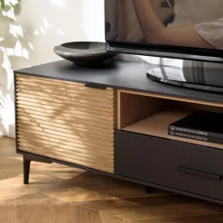 Meuble TV marron, noir 2 p. 1 tiroir 1 niche Pin pieds métal