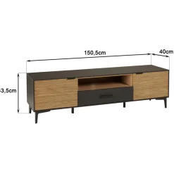 Meuble TV marron, noir 2 p. 1 tiroir 1 niche Pin pieds métal