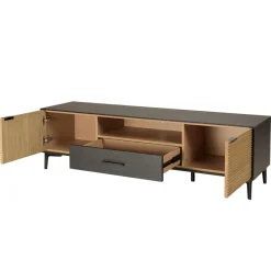 Meuble TV marron, noir 2 p. 1 tiroir 1 niche Pin pieds métal