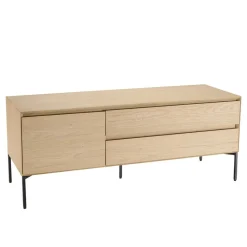 Meuble TV naturel 1 porte 2 tiroirs pieds métal noir MAXENDRE