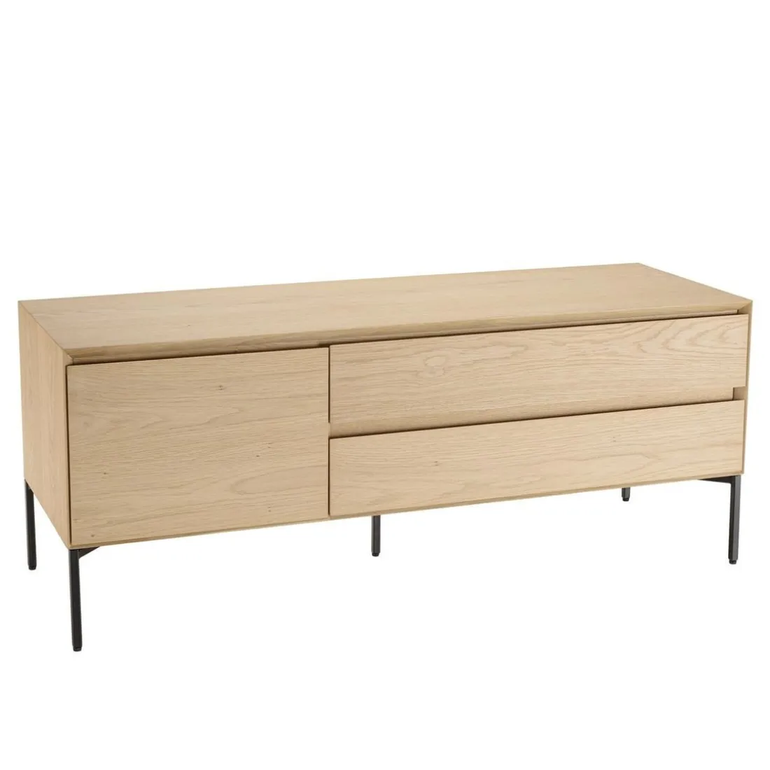 Meuble TV naturel 1 porte 2 tiroirs pieds métal noir MAXENDRE