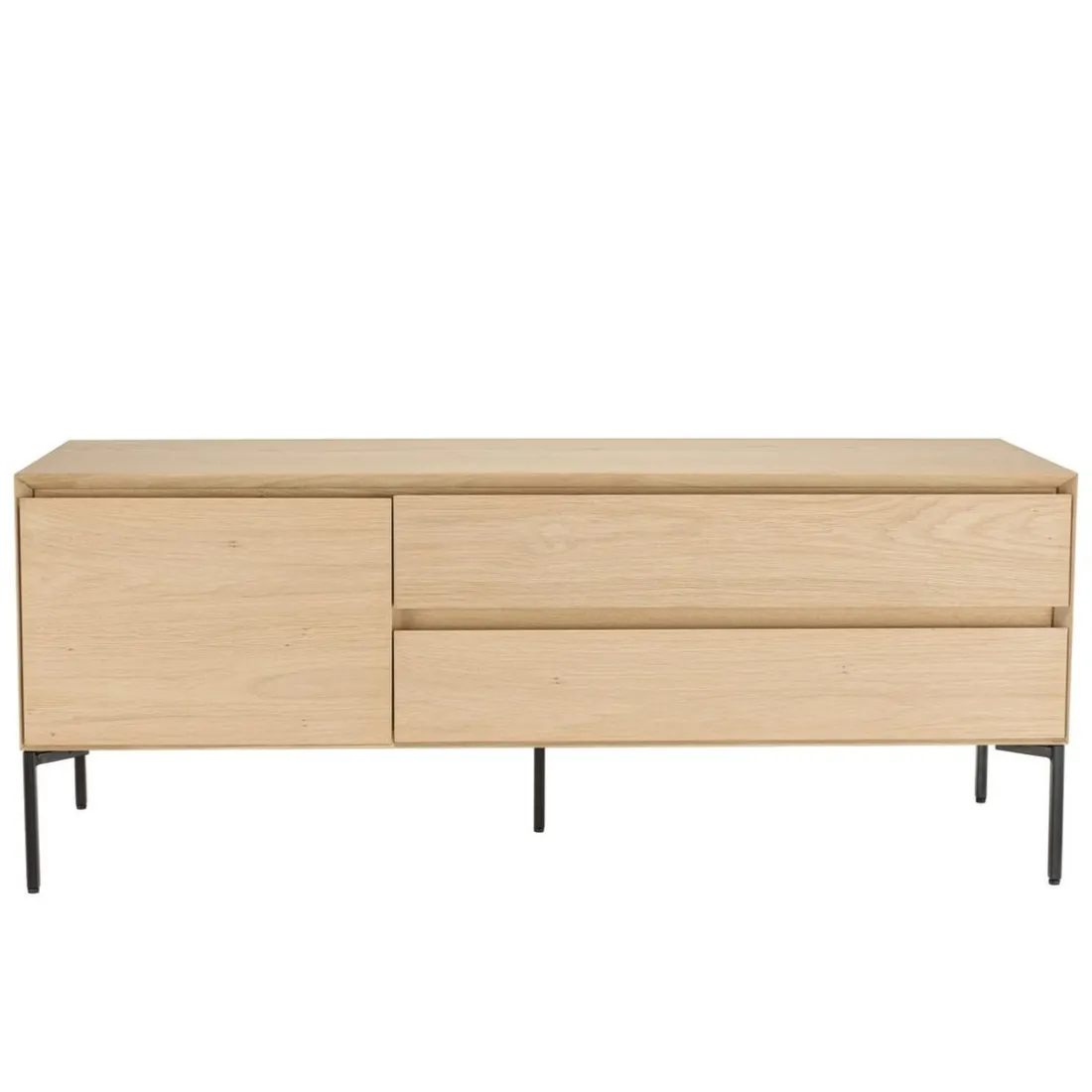 Meuble TV naturel 1 porte 2 tiroirs pieds métal noir MAXENDRE