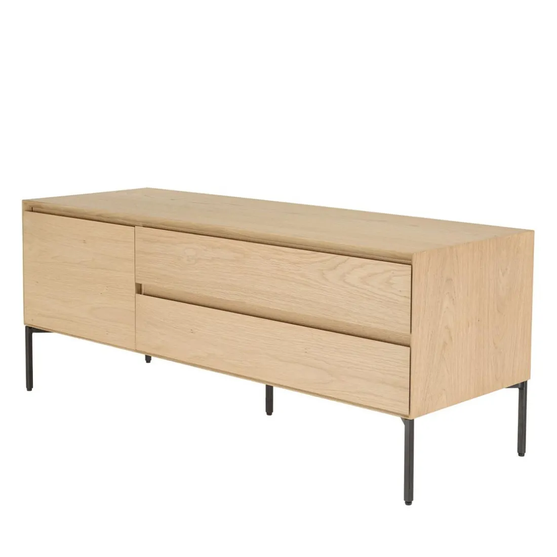 Meuble TV naturel 1 porte 2 tiroirs pieds métal noir MAXENDRE