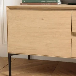 Meuble TV naturel 1 porte 2 tiroirs pieds métal noir MAXENDRE