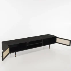 Meuble TV Noir 2 Niches 2 Portes Cannage YANIS