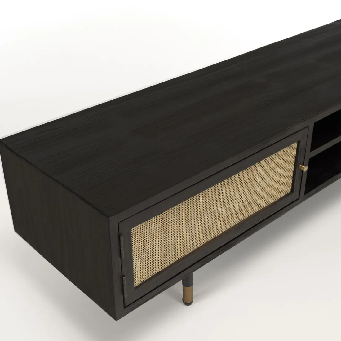 Meuble TV Noir 2 Niches 2 Portes Cannage YANIS