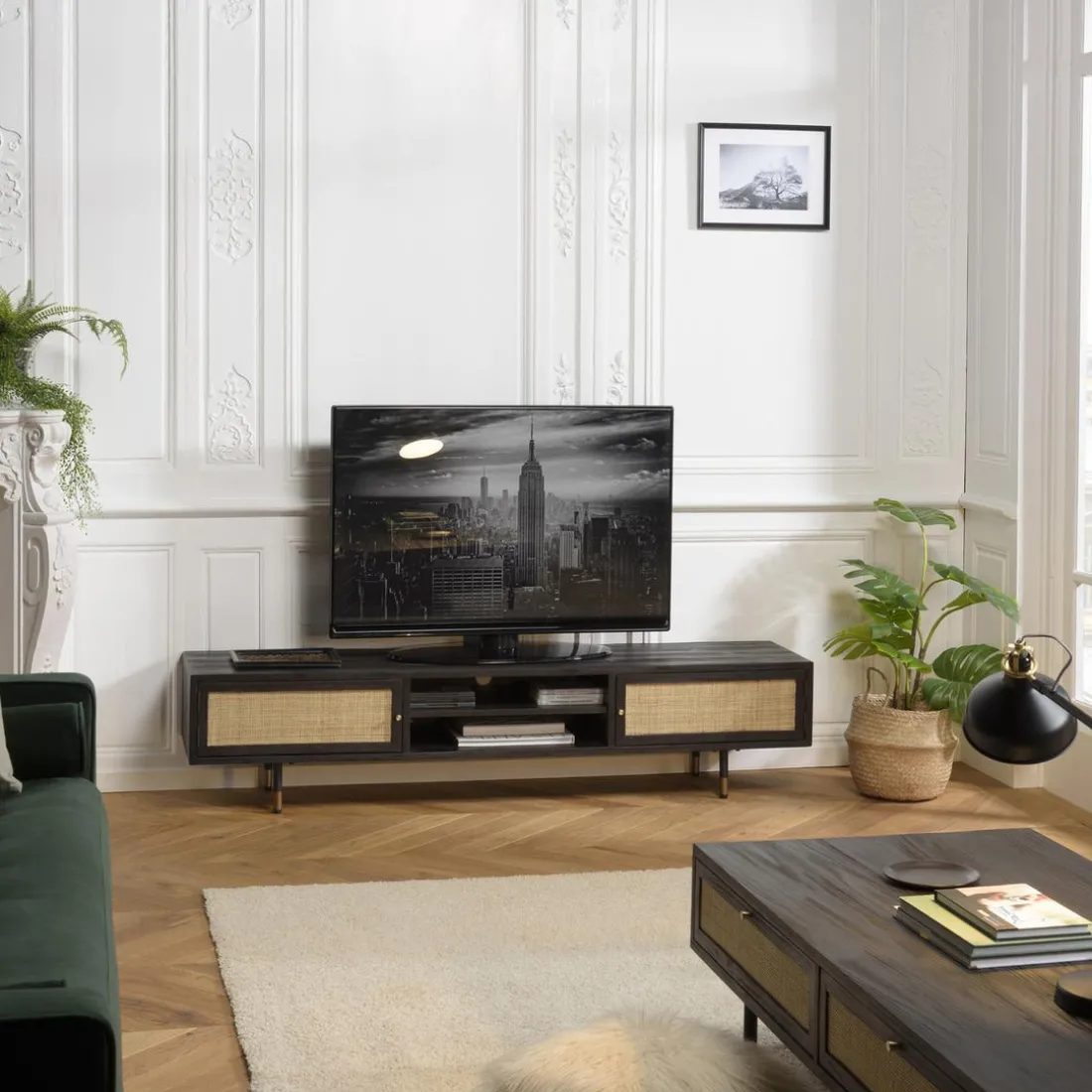 Meuble TV Noir 2 Niches 2 Portes Cannage YANIS