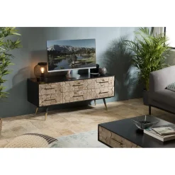 Meuble TV scandinave 6 tiroirs en sapin pieds métal - DEBBIE