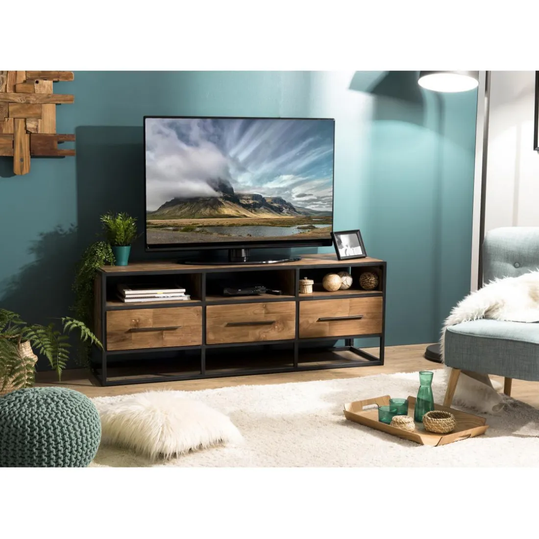 Meuble Tv SIXTINE 3 Niches 3 Tiroirs Bois Teck Recyclé Et Métal