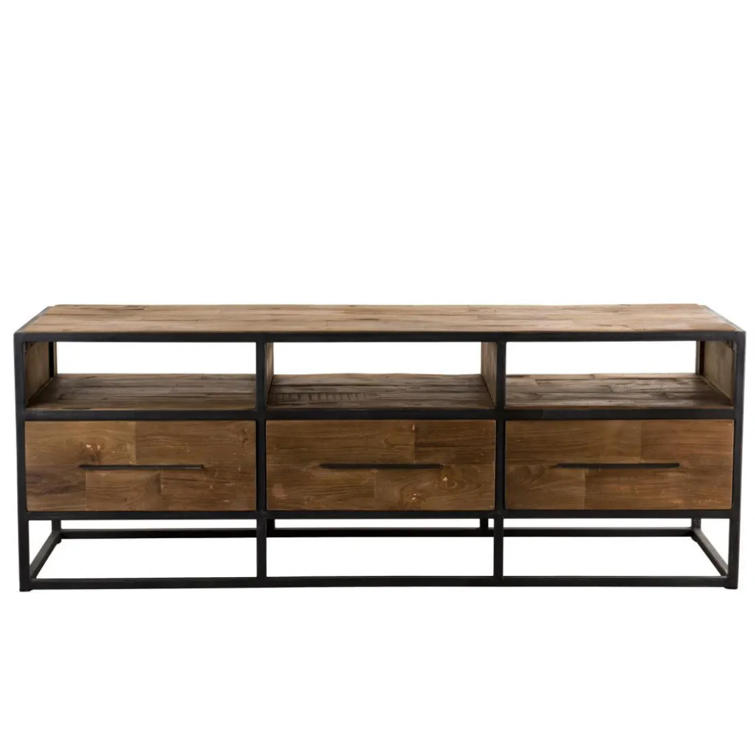 Meuble Tv SIXTINE 3 Niches 3 Tiroirs Bois Teck Recyclé Et Métal