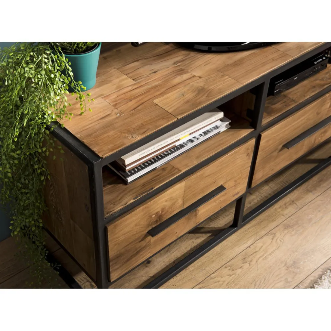 Meuble Tv SIXTINE 3 Niches 3 Tiroirs Bois Teck Recyclé Et Métal