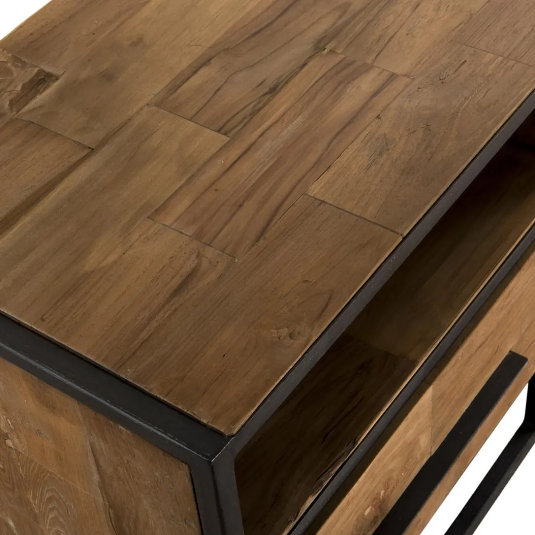 Meuble Tv SIXTINE 3 Niches 3 Tiroirs Bois Teck Recyclé Et Métal