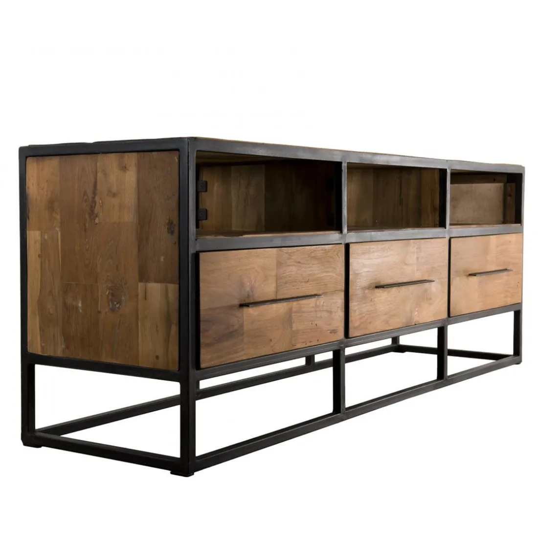 Meuble Tv SIXTINE 3 Niches 3 Tiroirs Bois Teck Recyclé Et Métal