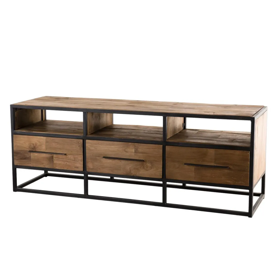 Meuble Tv SIXTINE 3 Niches 3 Tiroirs Bois Teck Recyclé Et Métal