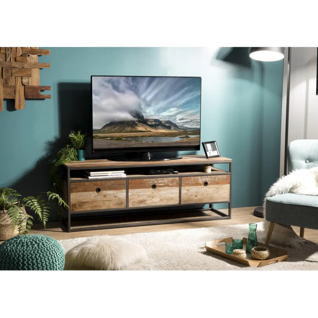 Meuble Tv SIXTINE 3 Tiroirs Bois Teck Recyclé Acacia Mahogany Et Métal