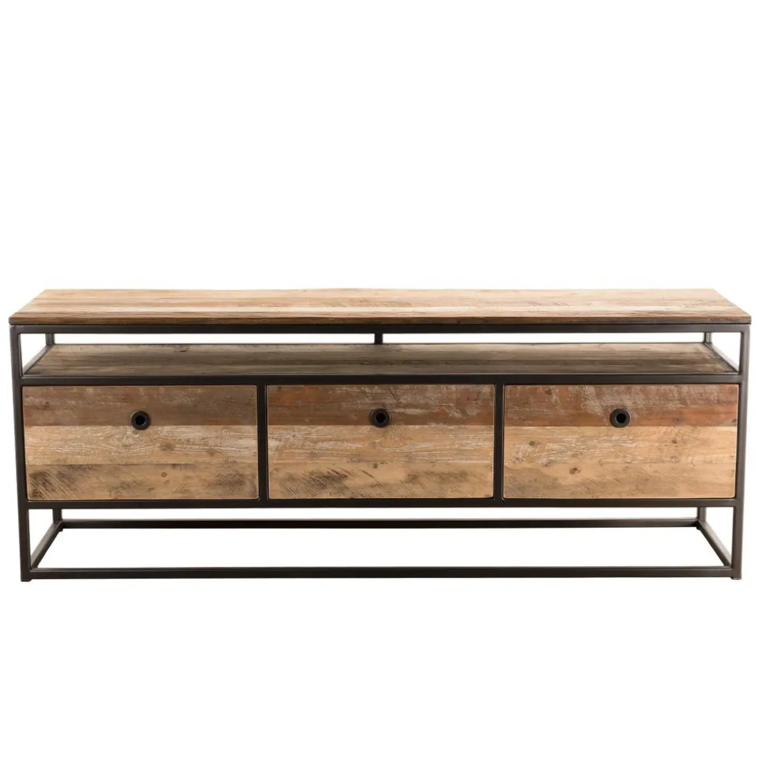 Meuble Tv SIXTINE 3 Tiroirs Bois Teck Recyclé Acacia Mahogany Et Métal