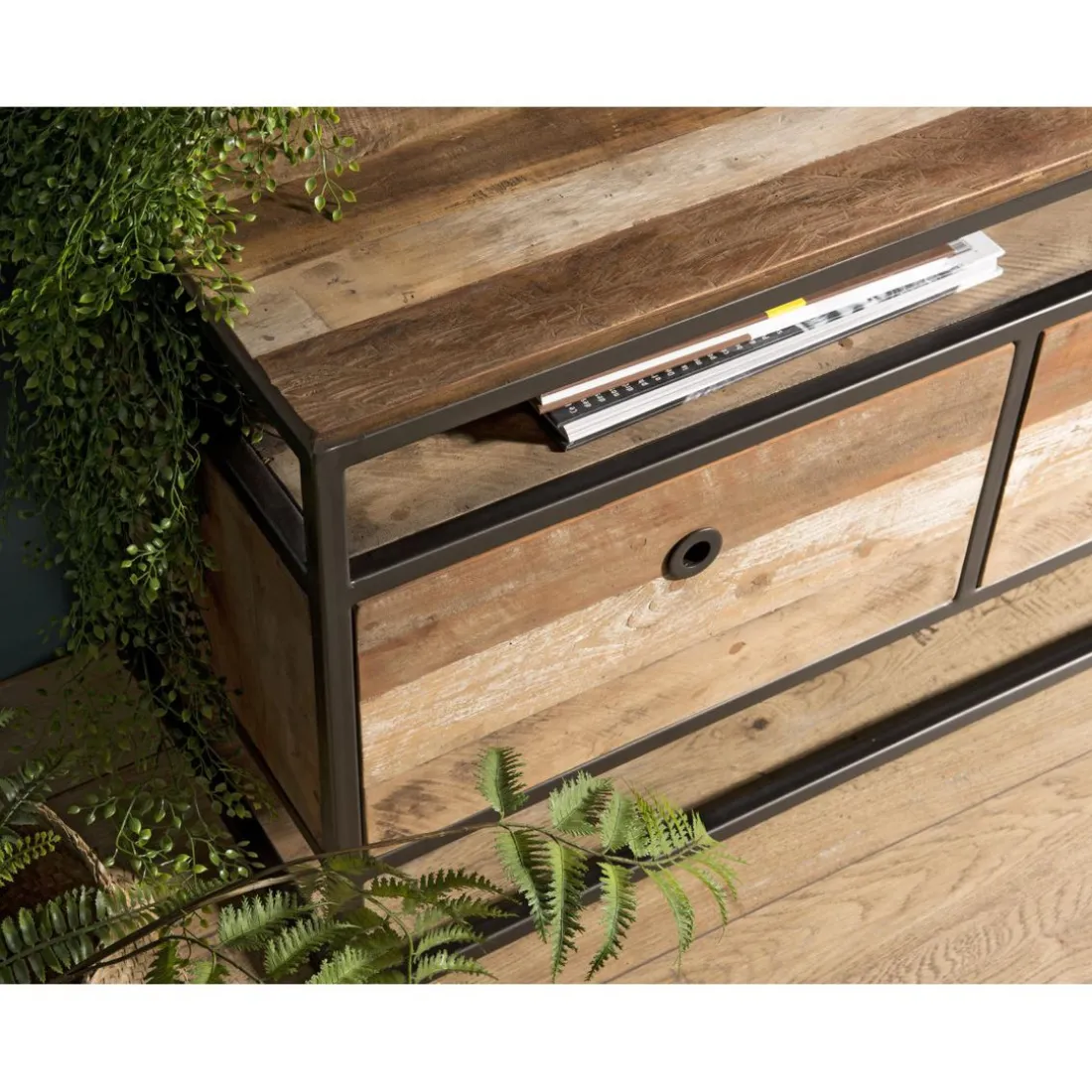 Meuble Tv SIXTINE 3 Tiroirs Bois Teck Recyclé Acacia Mahogany Et Métal