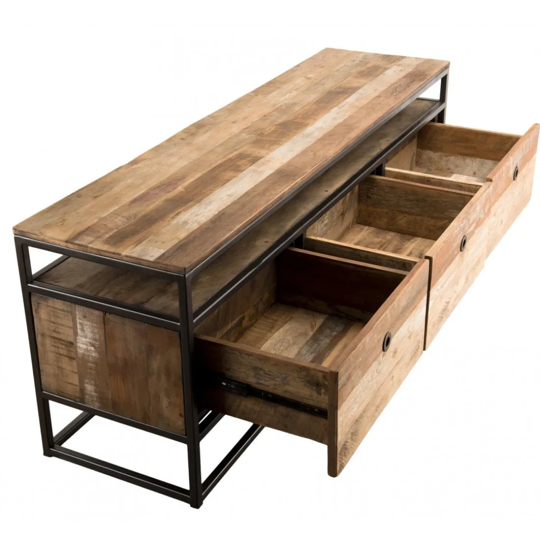 Meuble Tv SIXTINE 3 Tiroirs Bois Teck Recyclé Acacia Mahogany Et Métal