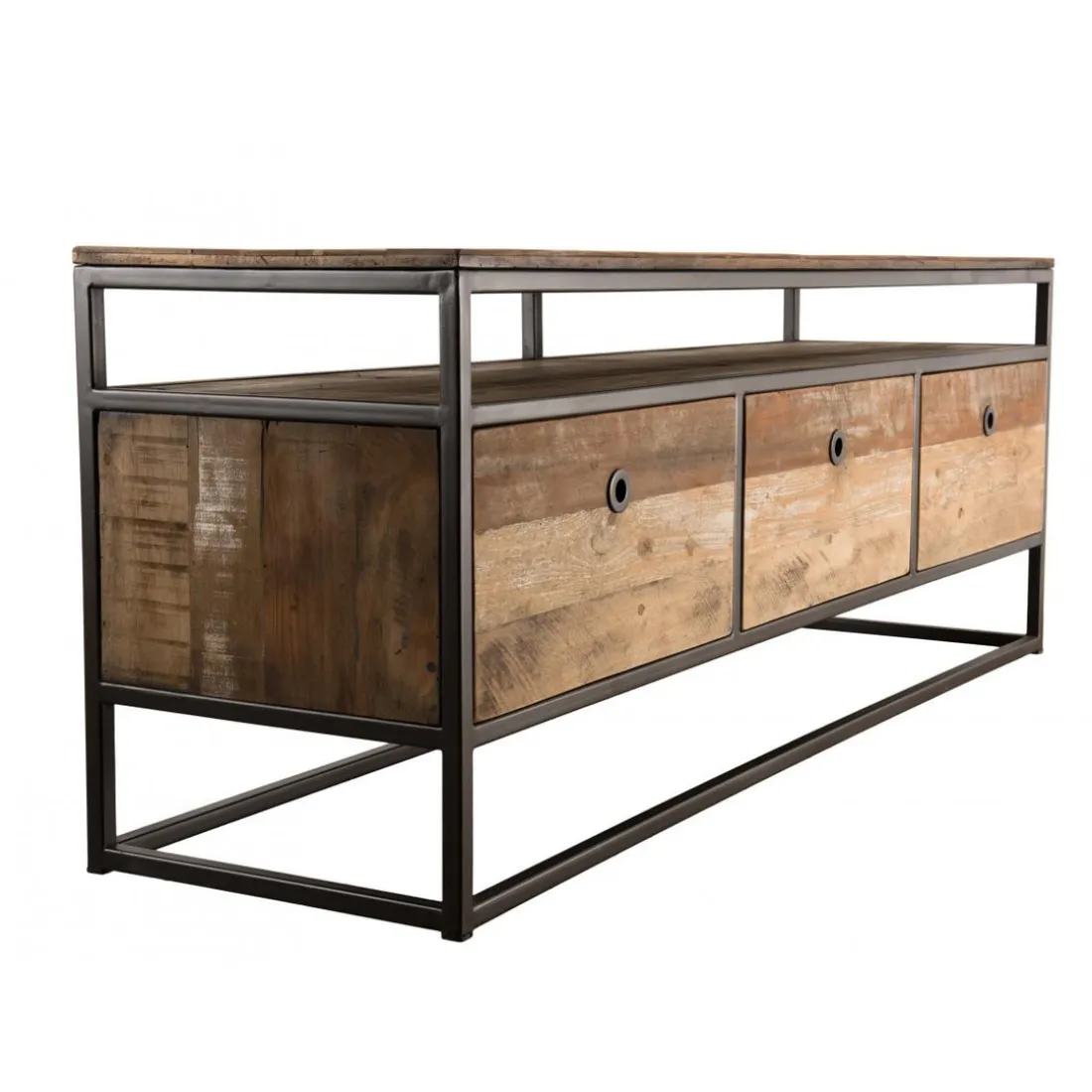 Meuble Tv SIXTINE 3 Tiroirs Bois Teck Recyclé Acacia Mahogany Et Métal