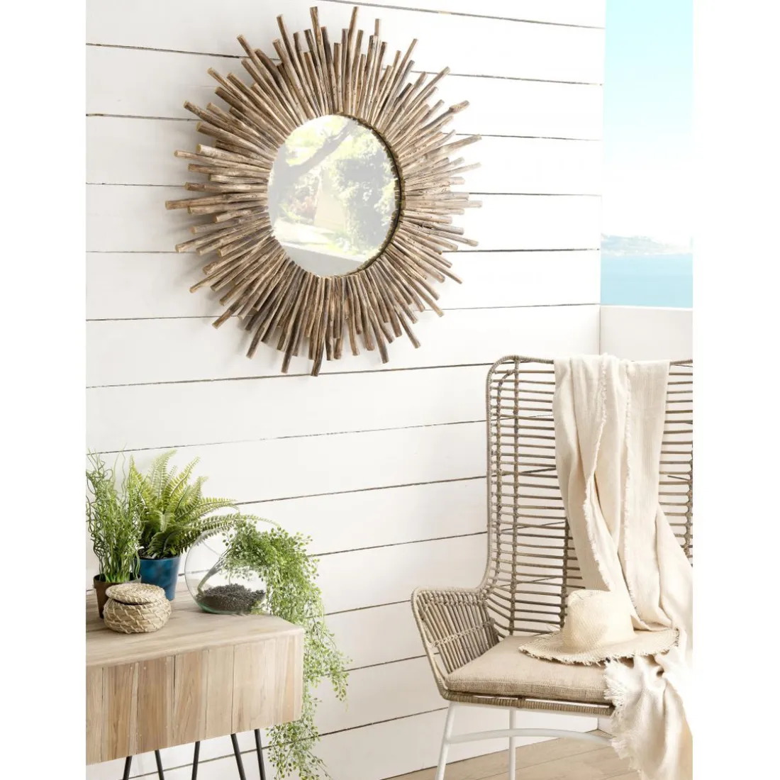 Miroir rond soleil bois nature branches - KLEO