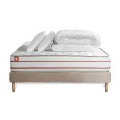 Pack prêt a dormir matelas LE DOUX Memoire de forme sommier kit Beige 2 oreillers couette