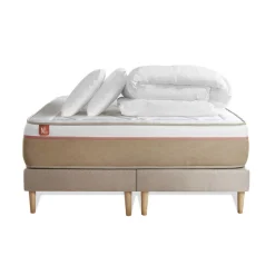 Pack prêt a dormir matelas LE SOYEUX Ressorts ensaches Memoire de forme BioVisco double sommiers Beige