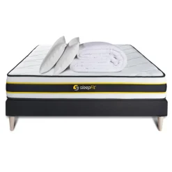 Pack prêt a dormir matelas FLEXY sommier kit noir 2 oreillers memoire de forme et Couette Percale