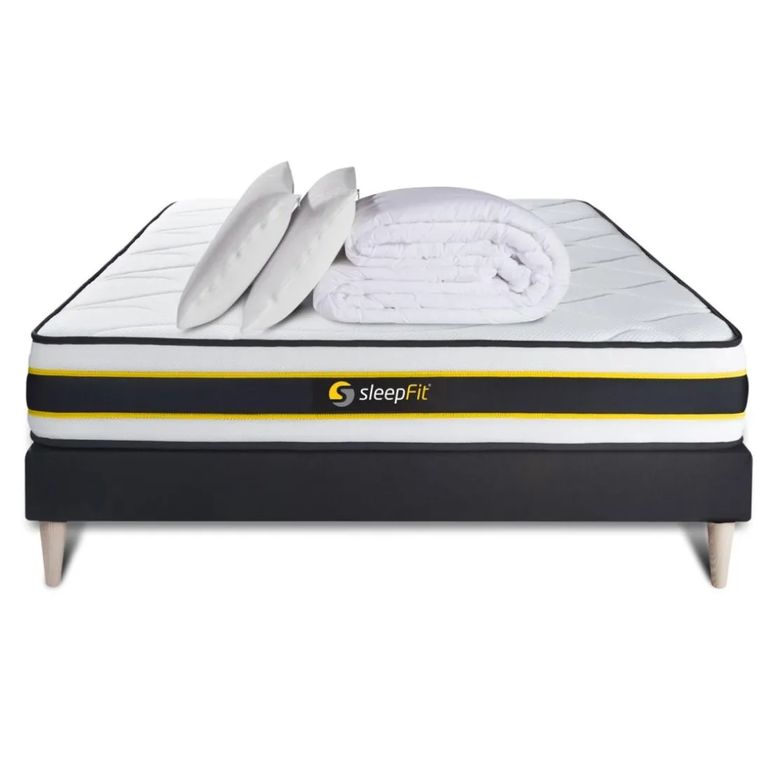 Pack prêt a dormir matelas FLEXY sommier kit noir 2 oreillers memoire de forme et Couette Percale
