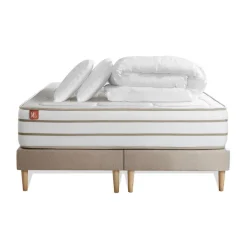 Pack prêt a dormir matelas LE DOUILLET Memoire de forme BioVisco double sommiers Beige 2 oreillers couette