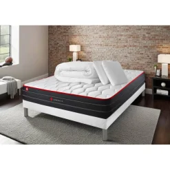 Pack prêt a dormir matelas ressorts ensaches et memoire de forme sommier kit blanc Couette 2 oreillers