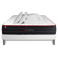 Pack prêt a dormir matelas ressorts ensaches et memoire de forme sommier kit blanc Couette 2 oreillers