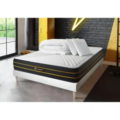 Pack prêt a dormir matelas ULTRA sommier kit blanc 2 oreillers memoire de forme Couette Percale