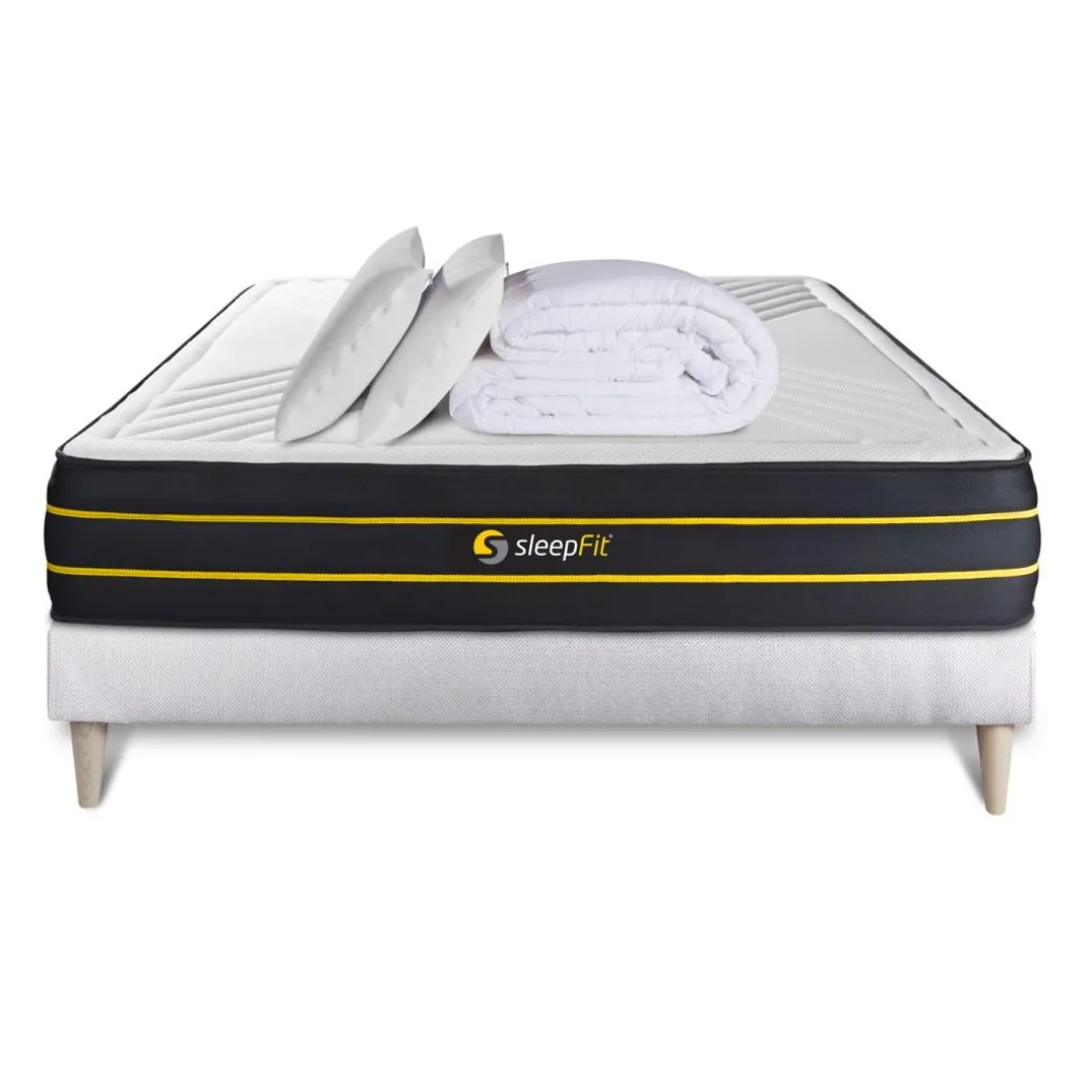 Pack prêt a dormir matelas ULTRA sommier kit blanc 2 oreillers memoire de forme Couette Percale