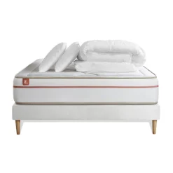 Pack prêt a dormir matelas LE PAISIBLE Memoire de forme BioVisco sommier Blanc 2 oreillers couette