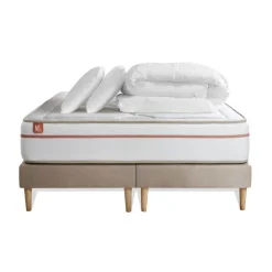 Pack prêt a dormir matelas LE PAISIBLE Memoire de forme BioVisco double sommiers Beige 2 oreillers couette