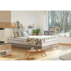 Pack prêt a dormir matelas LE PAISIBLE Memoire de forme BioVisco double sommiers Beige 2 oreillers couette