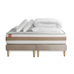 Pack prêt a dormir matelas LE TENDRE Ressorts ensaches Memoire de forme double sommiers Beige