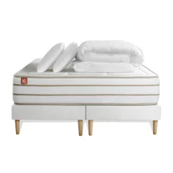 Pack prêt a dormir matelas LE DOUILLET Memoire de forme BioVisco double sommiers Blanc 2 oreillers couette