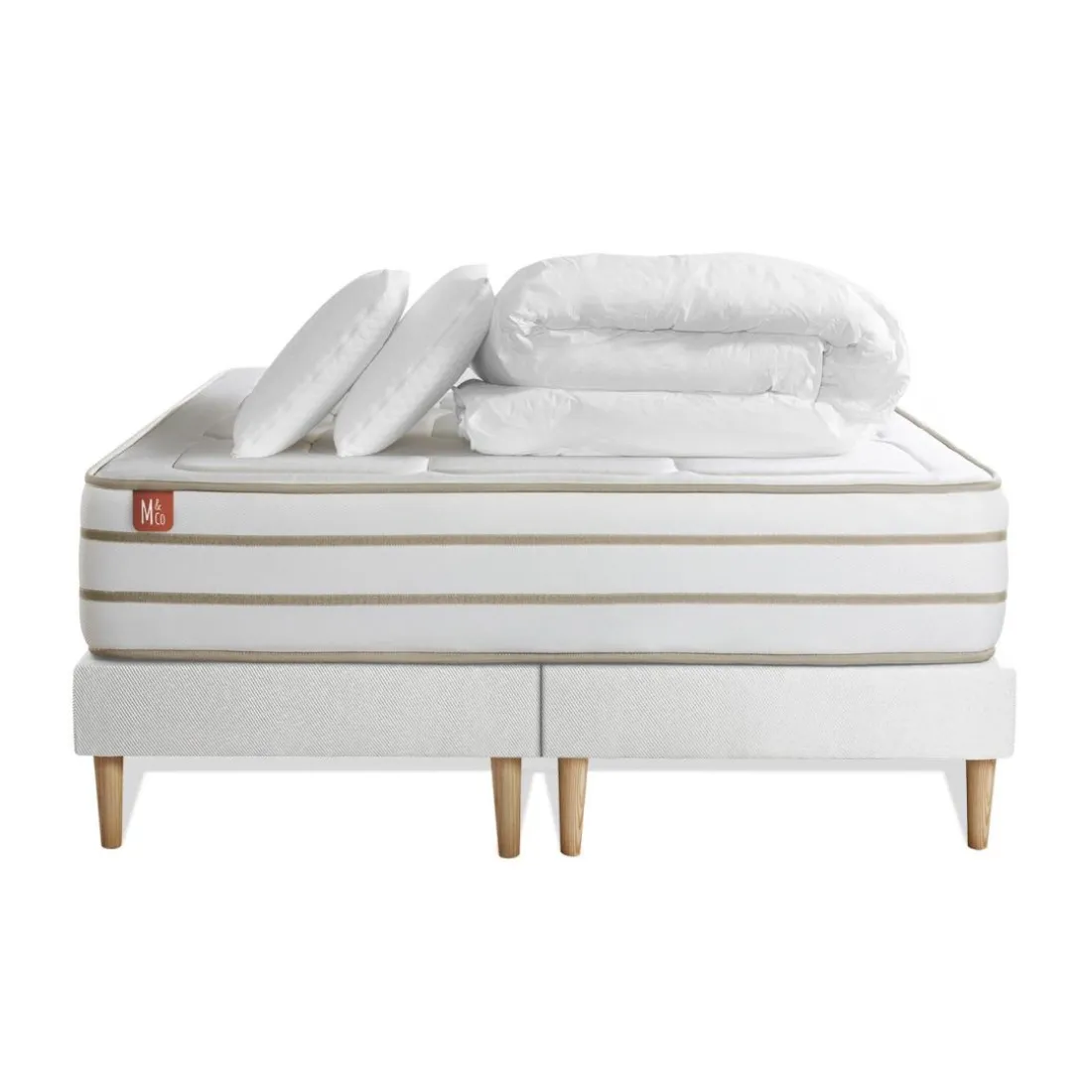 Pack prêt a dormir matelas LE DOUILLET Memoire de forme BioVisco double sommiers Blanc 2 oreillers couette