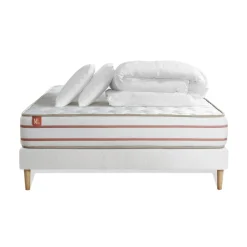 Pack prêt a dormir matelas LE DOUX Memoire de forme sommier kit Blanc 2 oreillers couette