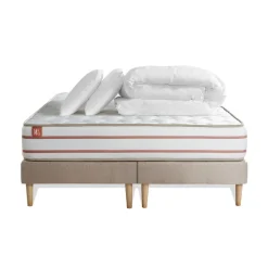 Pack prêt a dormir matelas LE DOUX Memoire de forme double sommiers Beige 2 oreillers couette