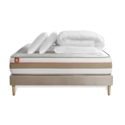 Pack prêt a dormir matelas LE TENDRE Ressorts ensaches Memoire de forme sommier Beige,2 oreillers couette