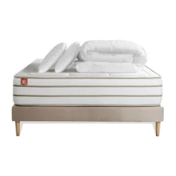 Pack prêt a dormir matelas LE DOUILLET Memoire de forme BioVisco sommier kit Beige et 2 oreillers couette