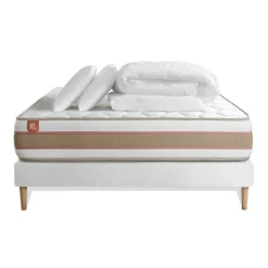 Pack prêt a dormir matelas LE DÉLICAT Ressorts ensaches et Memoire de forme sommier Blanc avec 2 oreillers couette