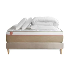 Pack prêt a dormir matelas LE SOYEUX Ressorts ensaches Memoire de forme BioVisco sommier kit Beige