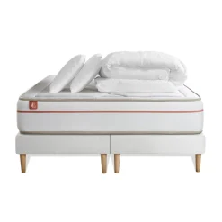 Pack prêt a dormir matelas LE PAISIBLE Memoire de forme BioVisco double sommiers Blanc 2 oreillers couette