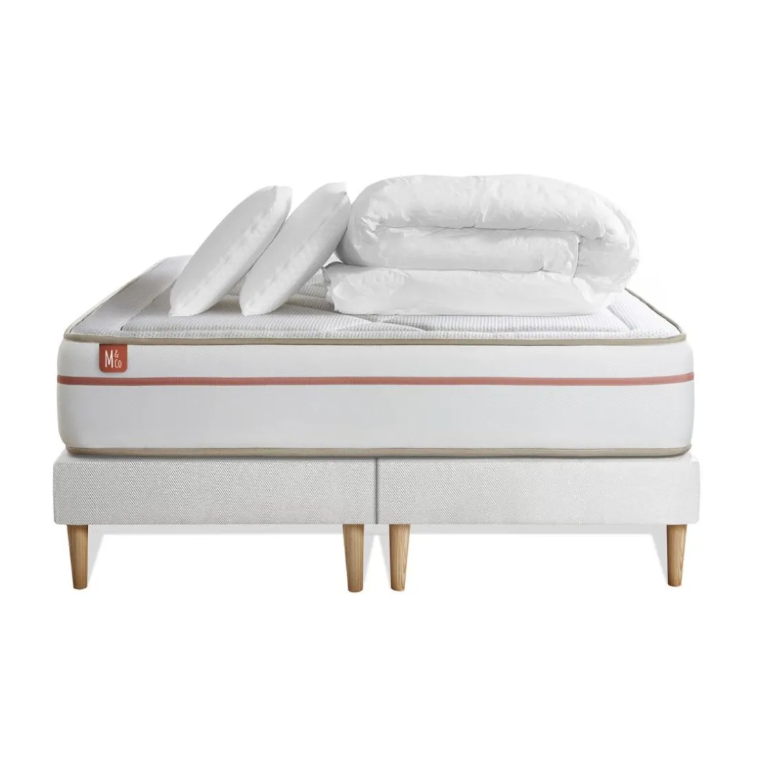 Pack prêt a dormir matelas LE PAISIBLE Memoire de forme BioVisco double sommiers Blanc 2 oreillers couette