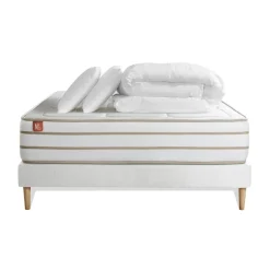 Pack prêt a dormir matelas LE DOUILLET Memoire de forme BioVisco sommier kit Blanc 2 oreillers couette