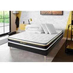 Pack prêt a dormir matelas SOFT sommier kit noir 2 oreillers memoire de forme Couette Percale