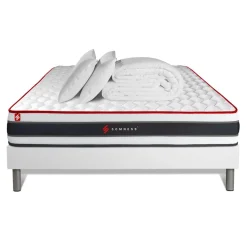 Pack prêt a dormir matelas ressorts ensaches et memoire de forme sommier kit blanc Couette 2 oreillers